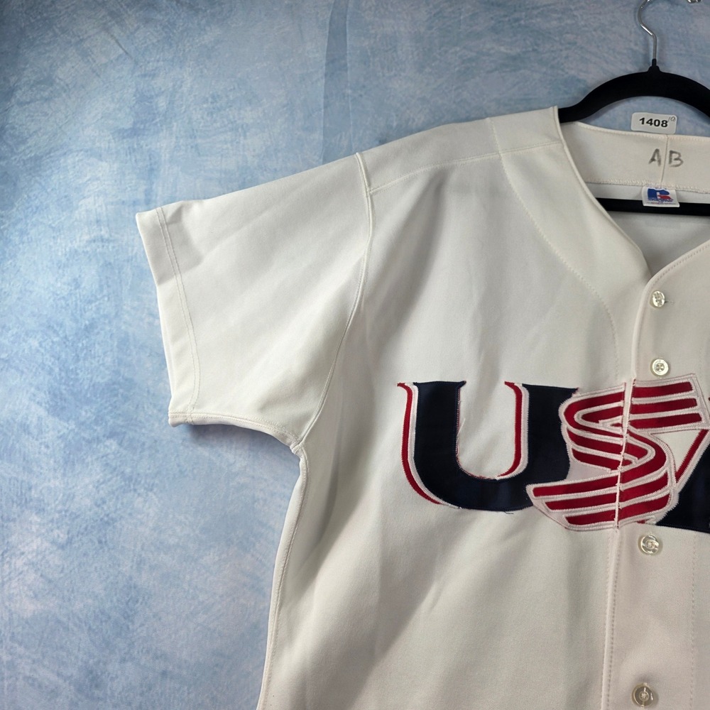 Vintage Russell Athletic USA Baseball Jersey Mens 48 White Button Up Made in USA - Picture 6 of 13